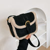 Women's Vintage Plush Shoulder Bag - Square Black Handbag with Adjustable Strap & Gold-Tone Hardware