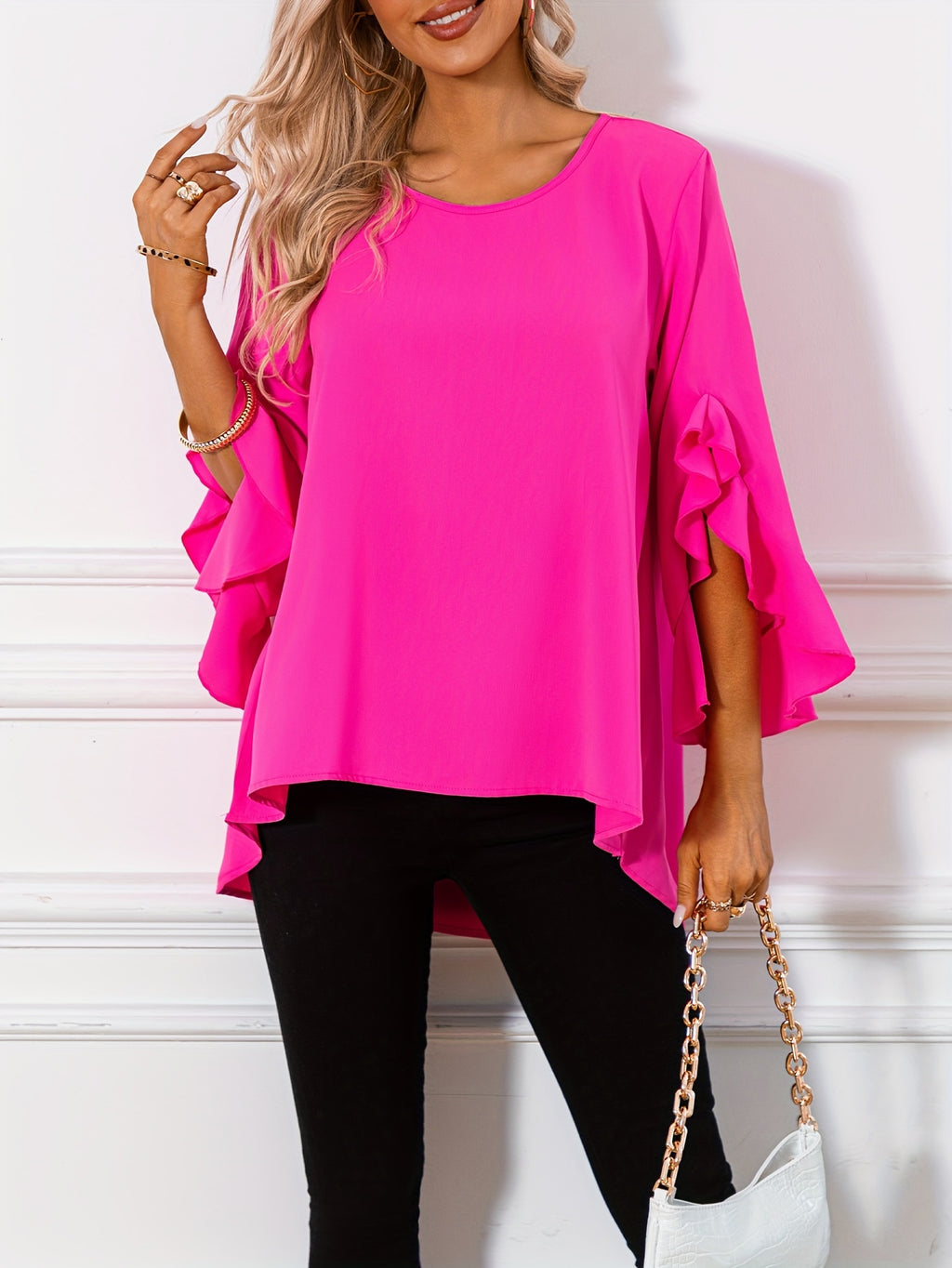 Women's Solid Crew Neck Ruffle Sleeve Blouse – Elegant Spring & Summer Woven Top