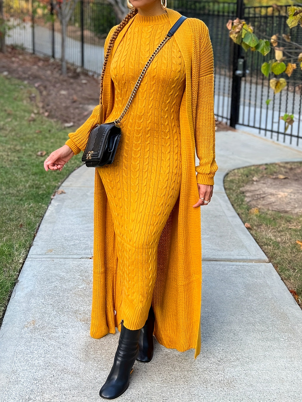Round Neck Twist Corduroy Sweater Dress — Long Sleeve Knit, 100% Acrylic