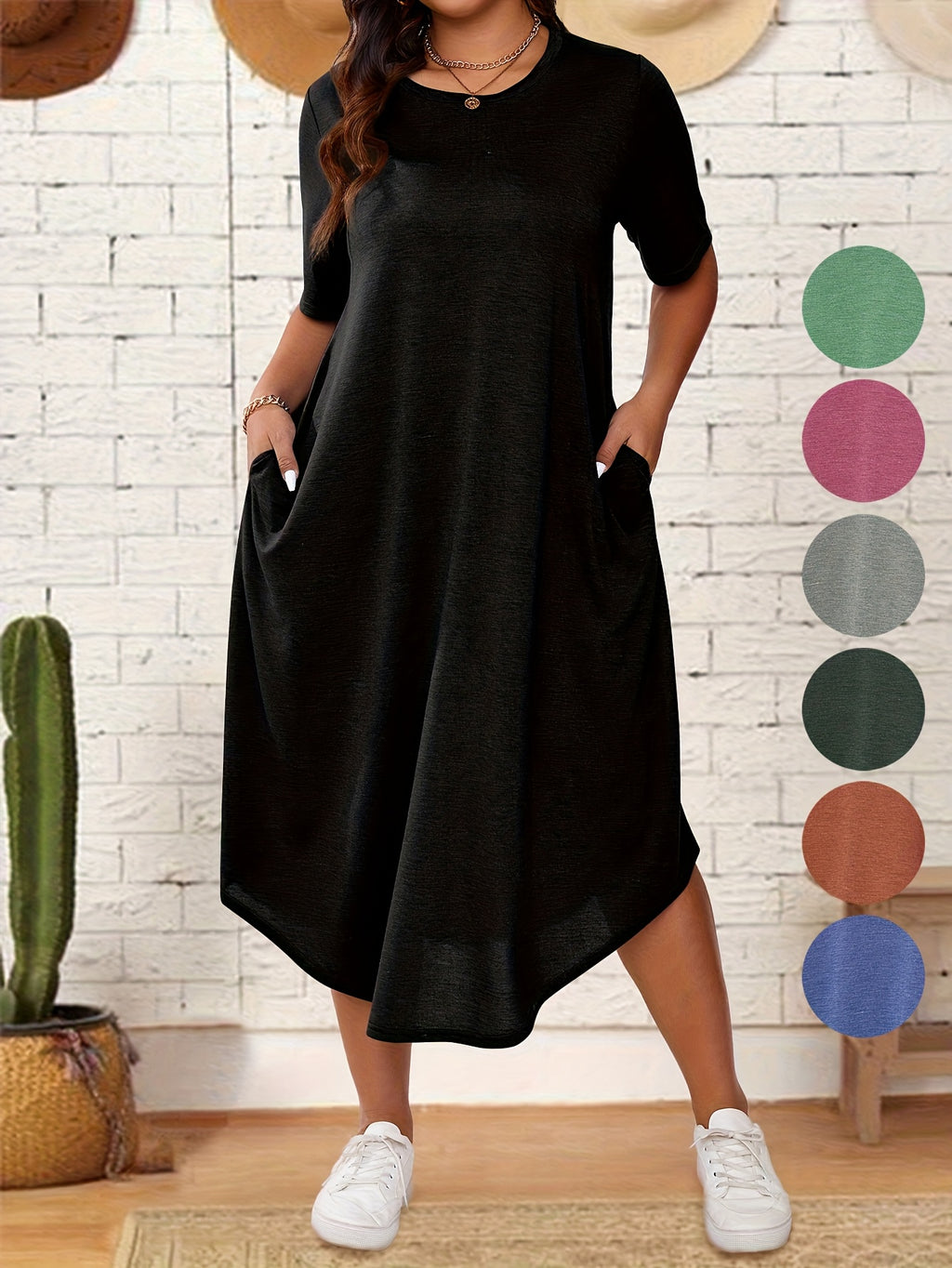 Plus Size Solid Crew Neck Tunic Dress - Casual Short Sleeve Summer Dress for Women
