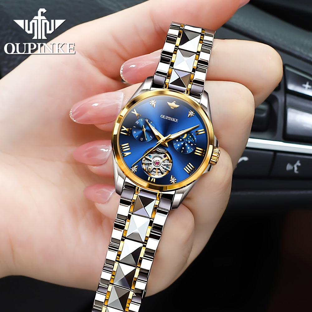 OUPINKE Women's Automatic Mechanical Dress Watch – Luminous Hands, Blue Dial with Gold Markers, Stainless Steel Case & Bracelet