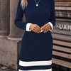 Striped Crew Neck Long Sleeve Slim Fit Knit Dress for Women - Elegant Spring & Fall