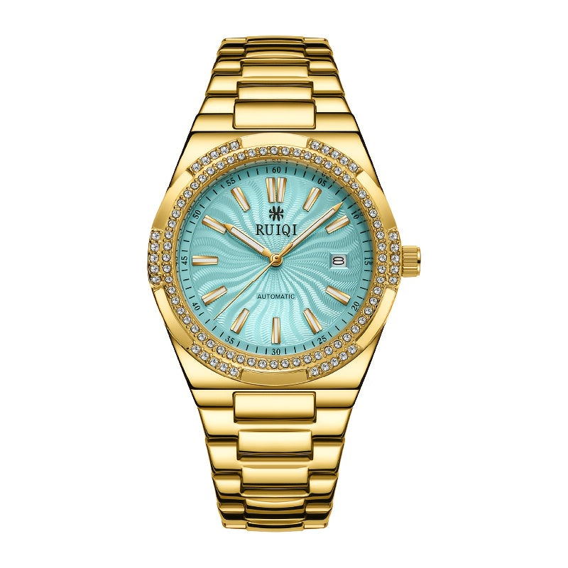 SAILANG Automatic Mechanical Unisex Watch – Green Luminous Dial, Gold-Tone Rhinestone-Embellished Case, Alloy Band, Date Display