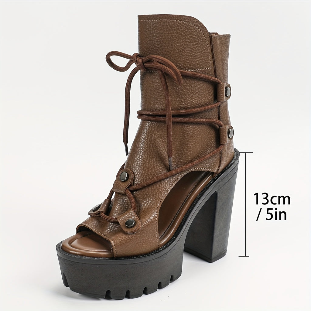 Women's Retro Roman Open Toe Lace-Up Ankle Booties – High Block Heel, Microfiber Upper, Zip Closure