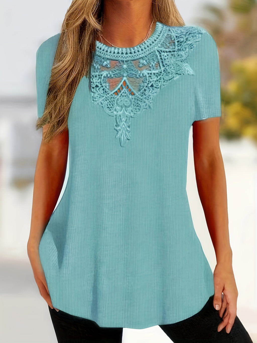 Women's Summer Lace-Trim Pullover Top - Light Gray Short Sleeve Casual Blouse, Medium Stretch, Machine Washable