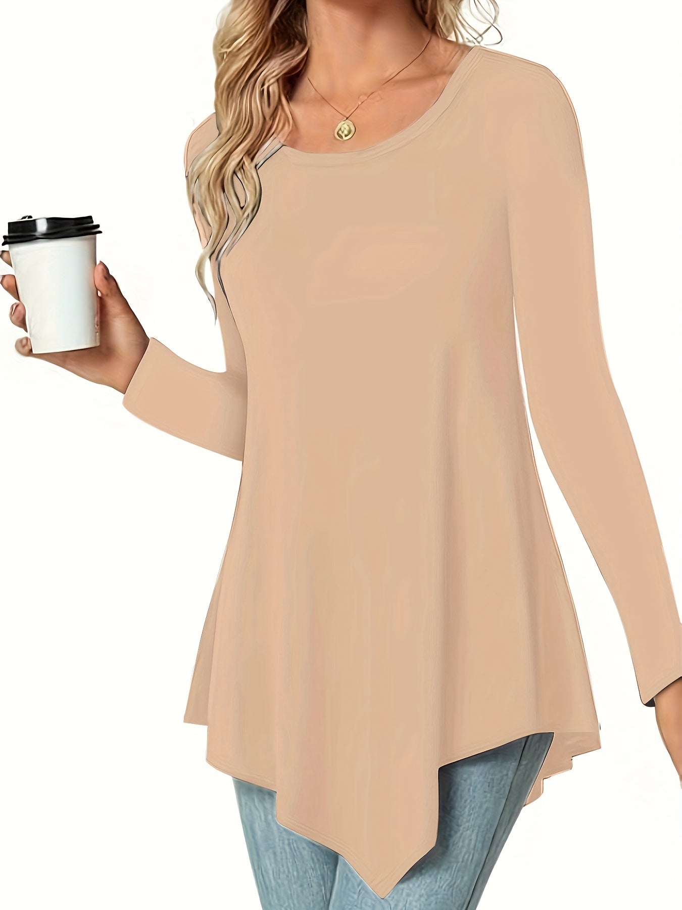 Women's Long Sleeve Peplum Top - Relaxed Fit Crew Neck Casual Blouse for Spring, Summer & Fall