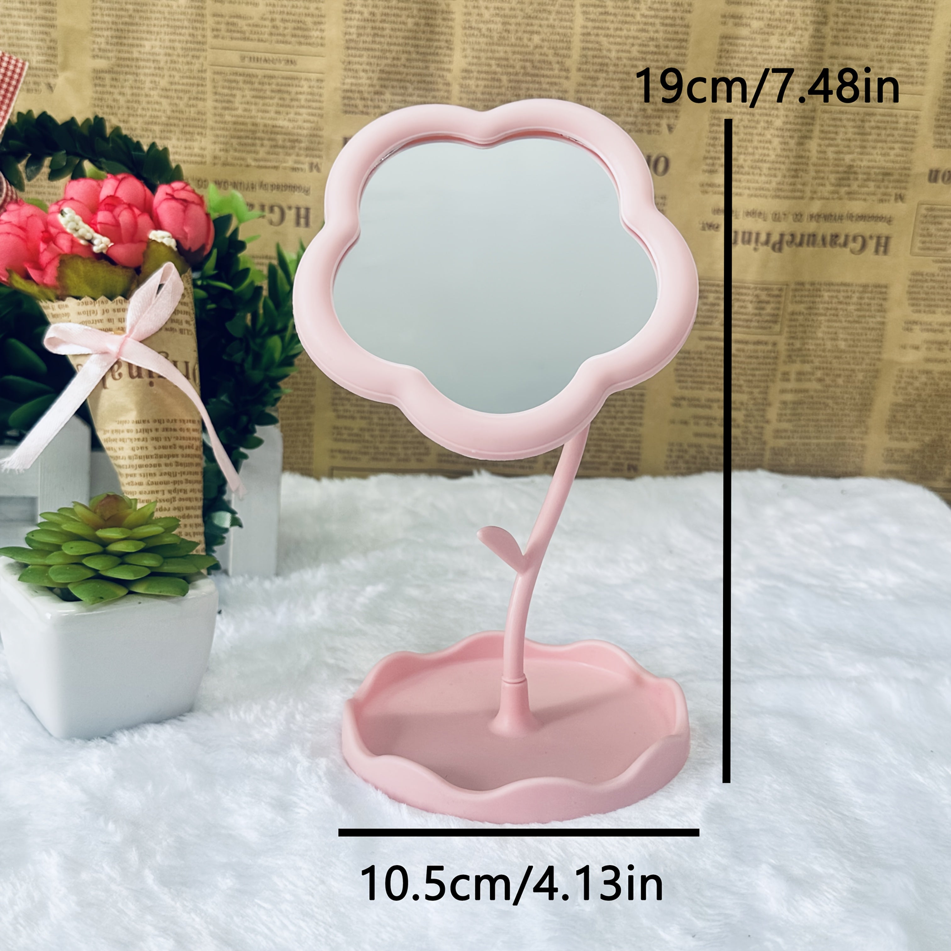 Floral Glass Makeup Vanity Mirror with Adjustable Stand & Tray — Portable Polished Plastic Frame for Dresser, Vanity, Bathroom