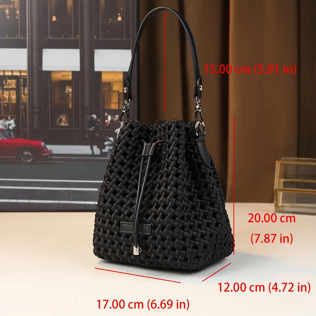 Women's Handwoven Mini Bucket Bag - Detachable Adjustable Shoulder Strap, Drawstring Closure, Durable Nylon Crossbody Purse, Black