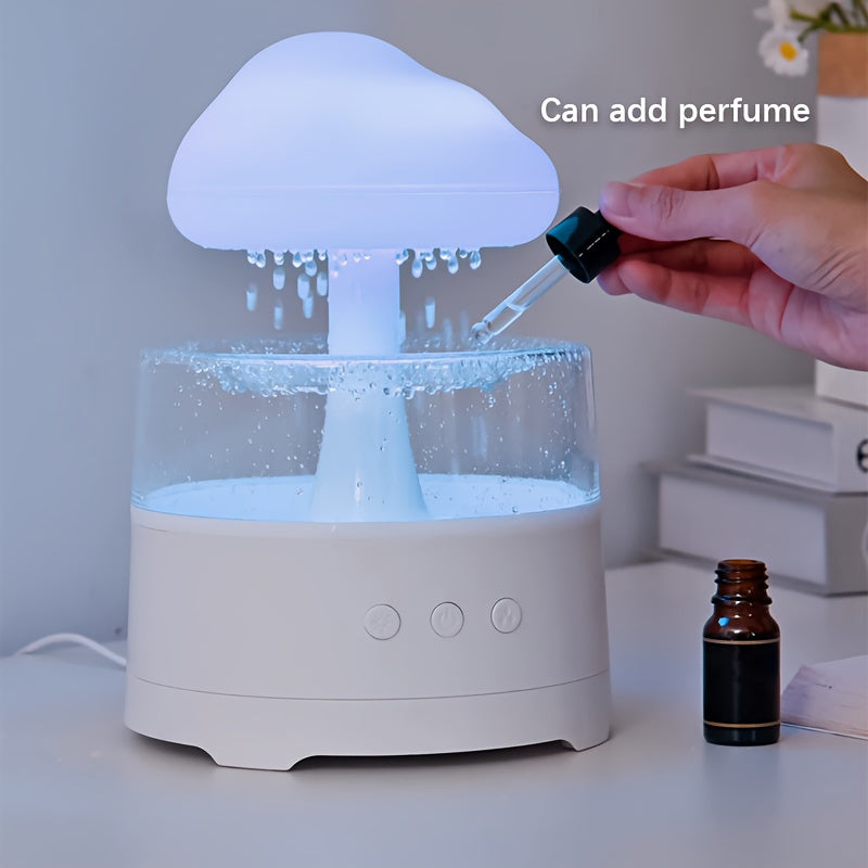 Rain Cloud Aroma Diffuser, 7-Color Mushroom Waterfall Humidifier with Night Light & Water Droplet Sound, USB Powered (White)