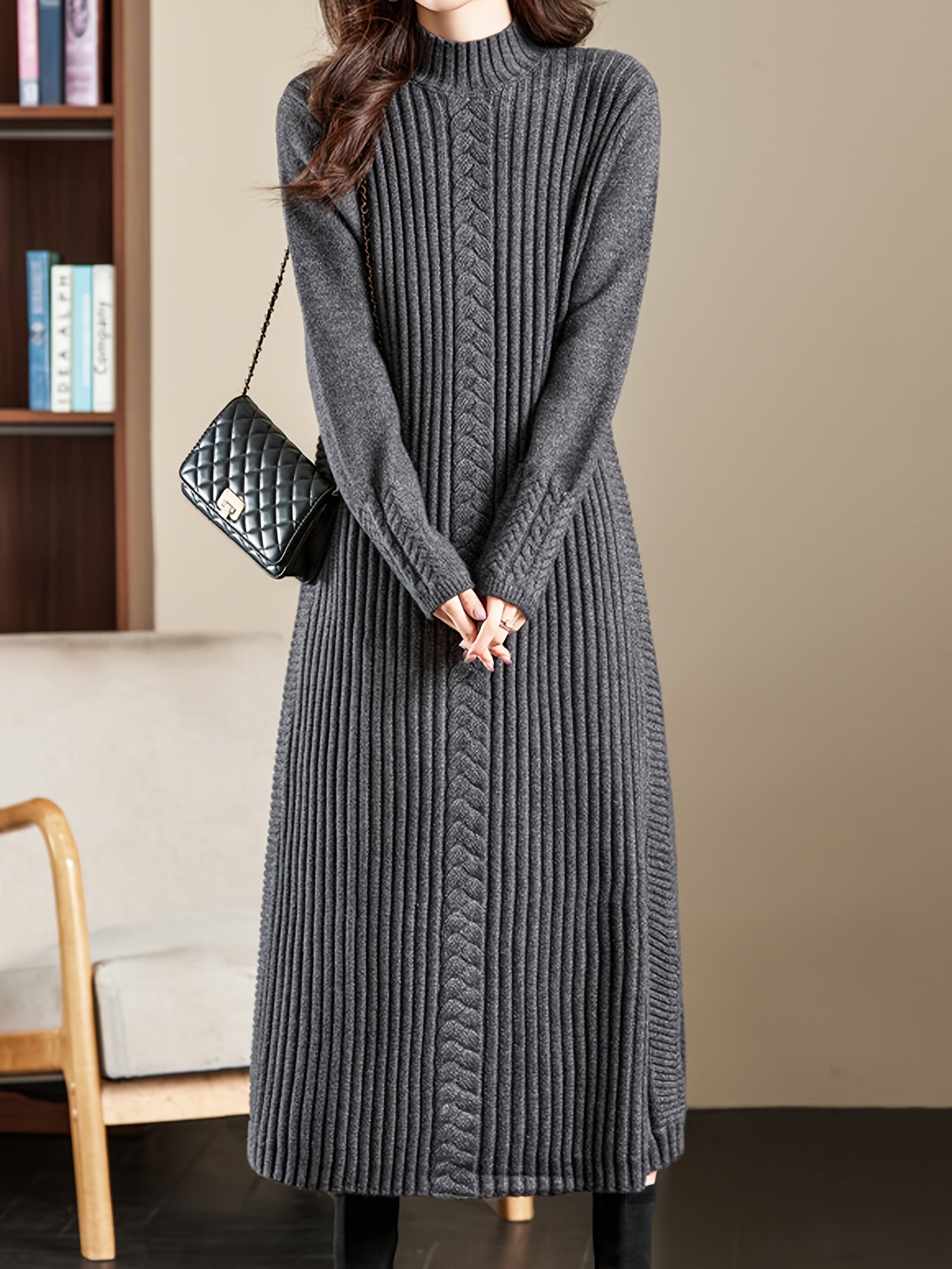 Women's High Neck Long Sleeve Knit Midi Dress - Soft Acrylic Blend, Regular Fit