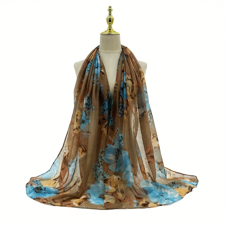 Vintage Paisley Ombre Scarf – Long 180 x 70 cm (70.85 x 27.5 in) Polyester Shawl for Women, Brown-to-Blue Geometric Floral Print