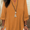 Plus Size Faux Denim Blouse with Decorative Buttons & Tassel Knot Front High-Low Hem Spring/Summer Polyester Blend