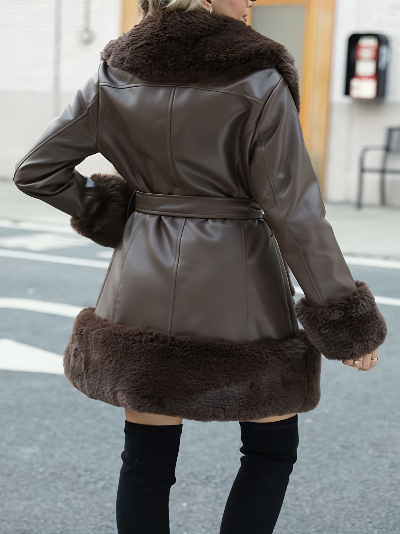 Women's Faux Fur-Lined PU Leather Jacket with Belt – Brown Casual Fall/Winter Coat with Front Pockets