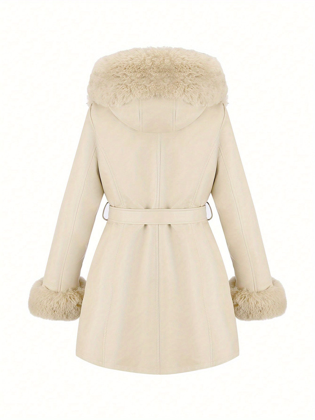 Women's Faux Fur-Trim PU Leather Hooded Coat with Belt - Warm Black Fall/Winter Jacket