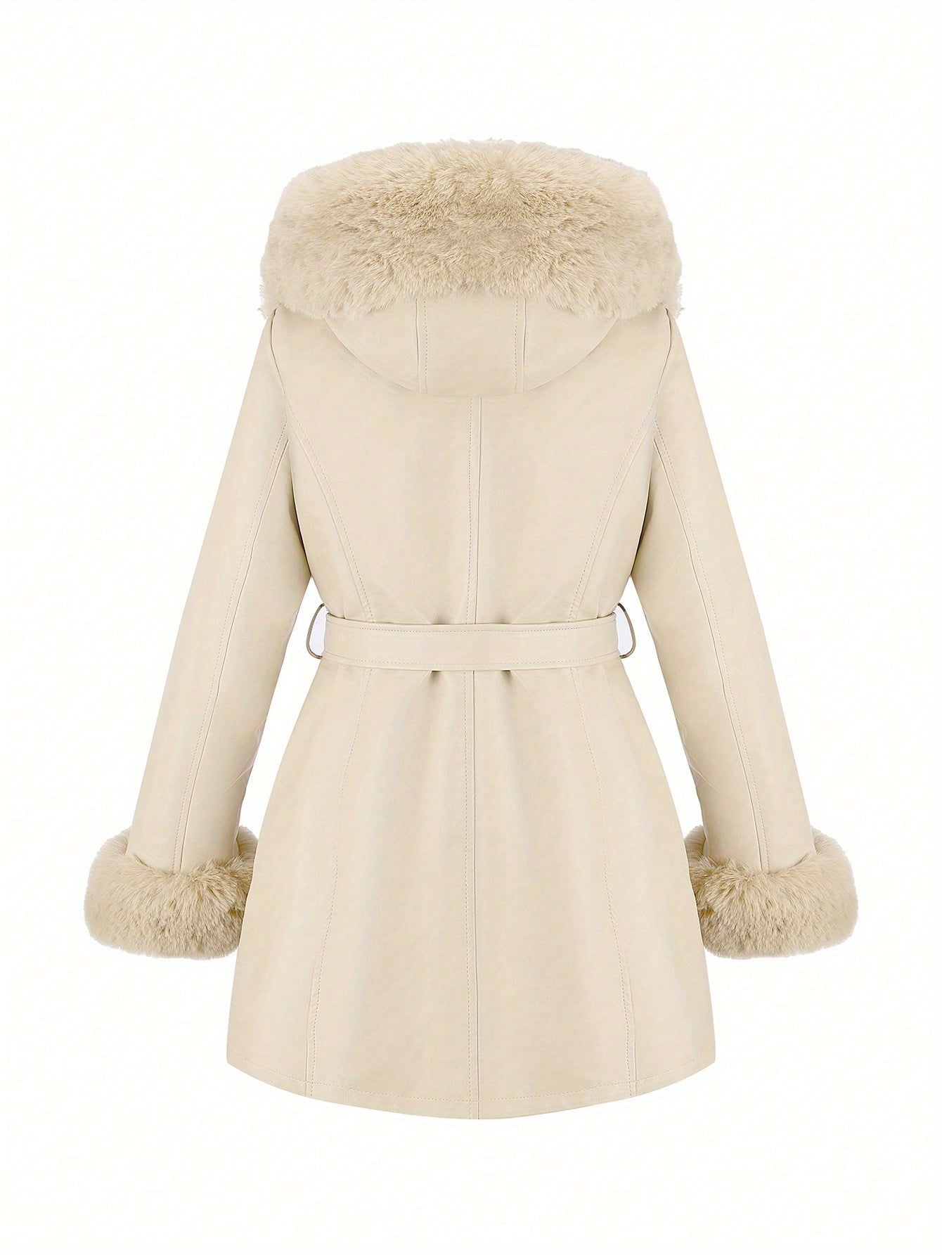 Women's Faux Fur-Trim PU Leather Hooded Coat with Belt - Warm Black Fall/Winter Jacket
