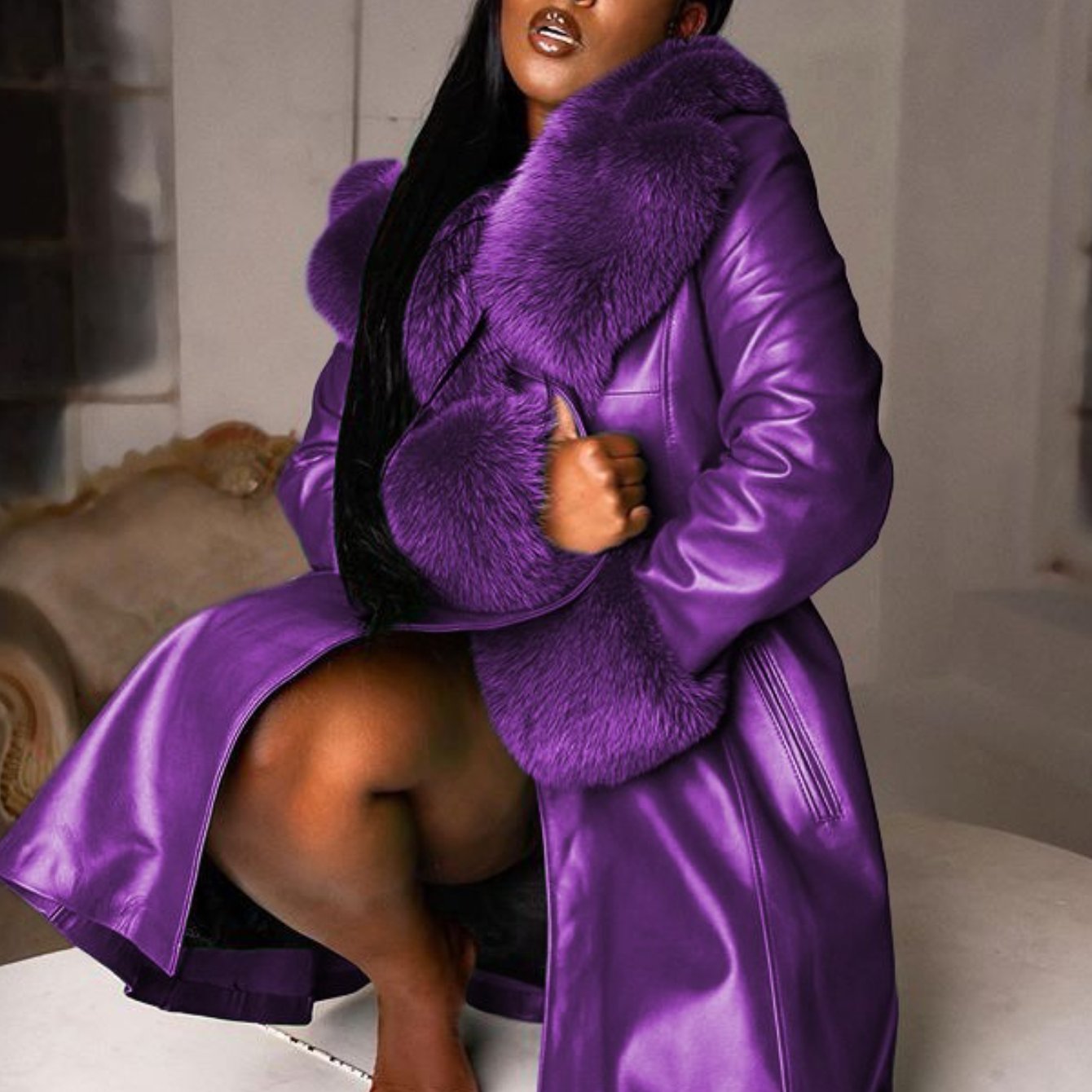 Plus Size Women's Purple PU Leather Coat with Faux Fur Collar & Lapel — Long Oversized Winter Jacket, Gold Zipper, Machine Washable