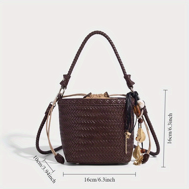 Woven Bucket Bag for Women - Drawstring Closure, Adjustable Shoulder Strap & Wristlet, Split Leather Carryall (White, Black, Burgundy, Coffee)