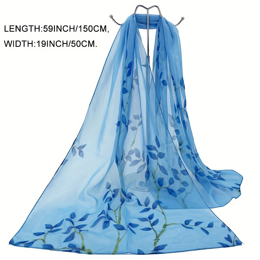 Sheer Bamboo Leaf Chiffon Shawl Scarf – Lilac & Green Lightweight Wrap for Beach, Wedding & Party, 59 x 19 in (150 x 50 cm)