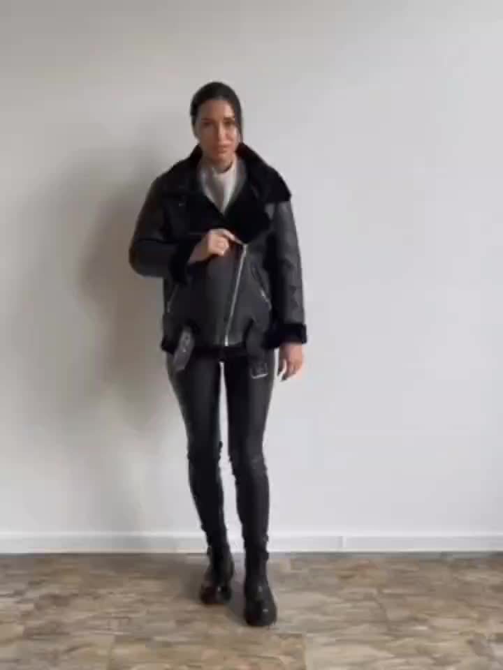 Women's PU Leather Motorcycle Jacket with Faux Fur Collar — Fleece-Lined Black Zip-Up, All-Season Casual