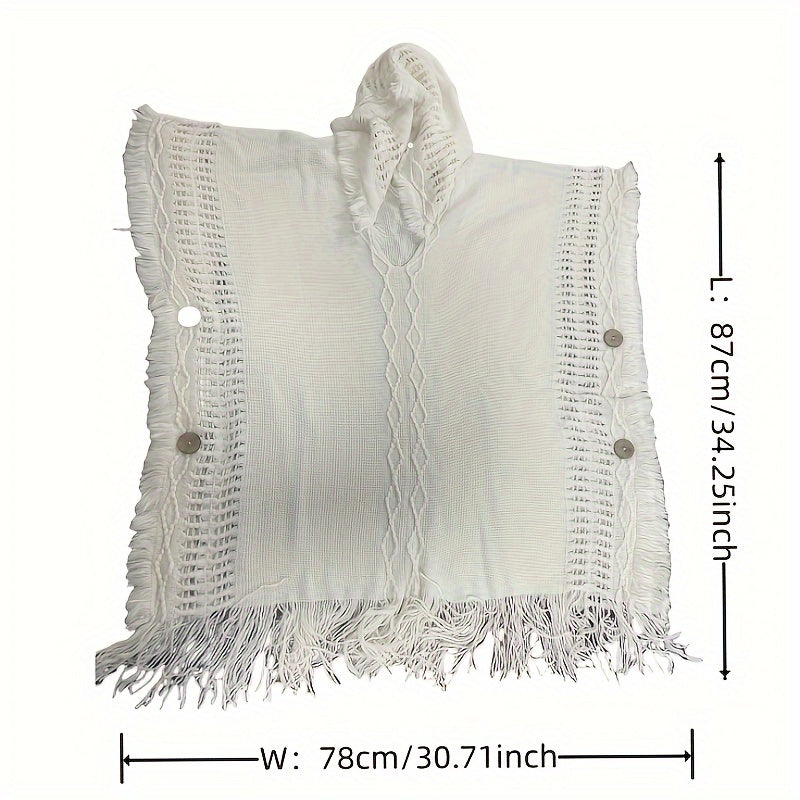 White Boho Fringe Shawl for Women – Lightweight Polyester Wrap, Breathable Sun-Proof Cover-Up for Spring & Autumn