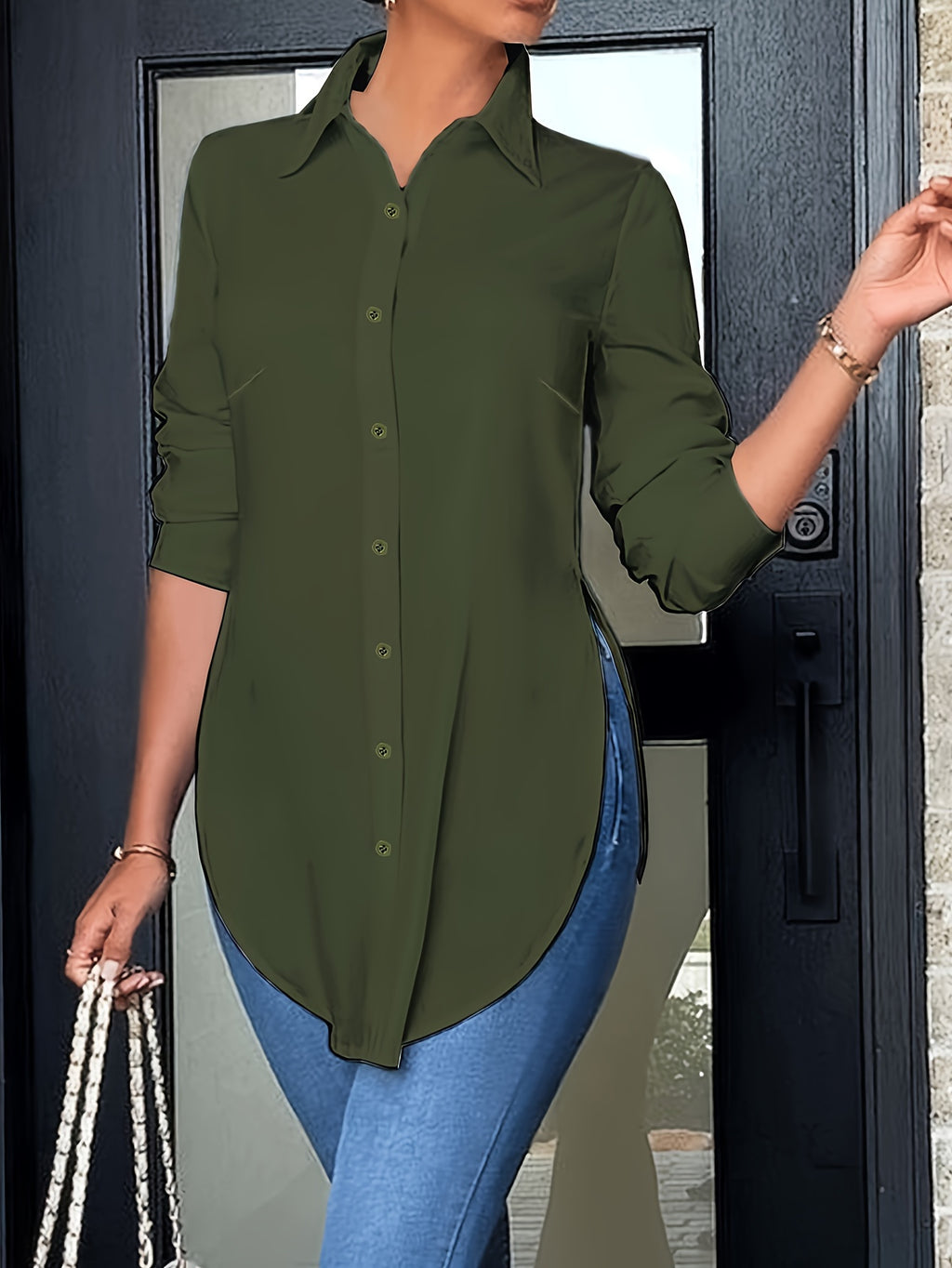 Women's Elegant Long-Sleeve Button-Front Blouse with Side Slit — Woven Polyester All-Season Office & Casual Shirt