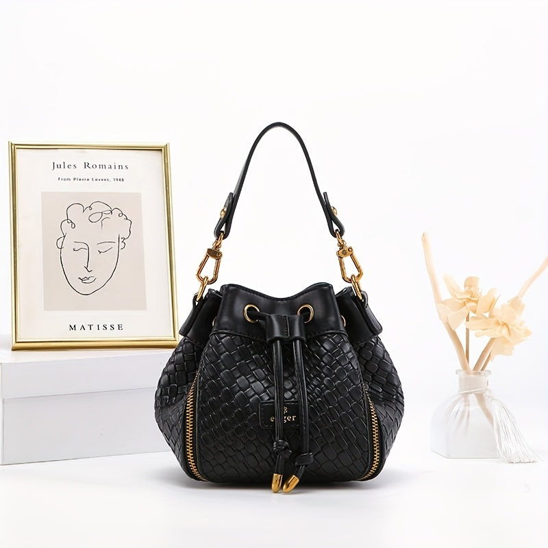 Genuine Leather Crossbody Bucket Bag - Drawstring Purse with Gold-Tone Hardware, Black & White, Elegant Everyday to Formal Handbag