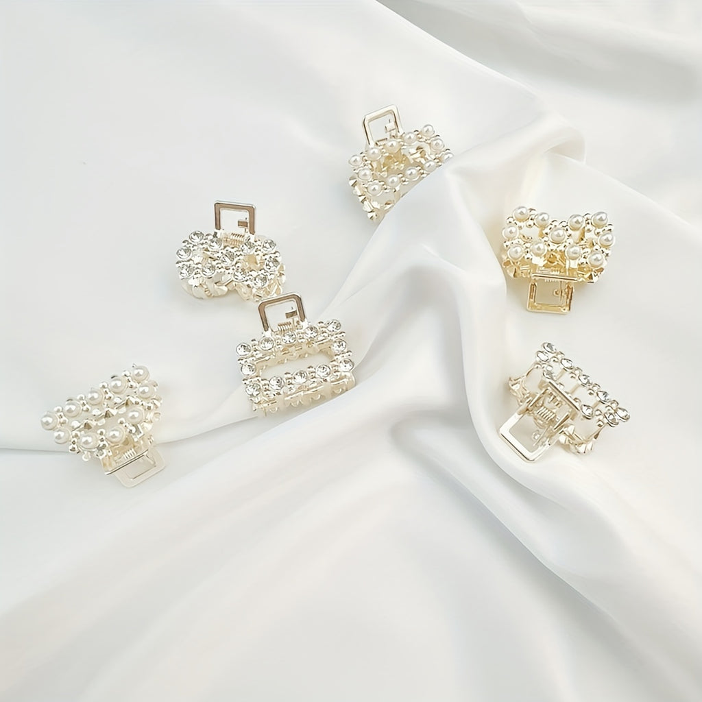 6-Pack Women's Metal Hair Claw Clips with Faux Pearls & Rhinestones, Elegant Boho Set