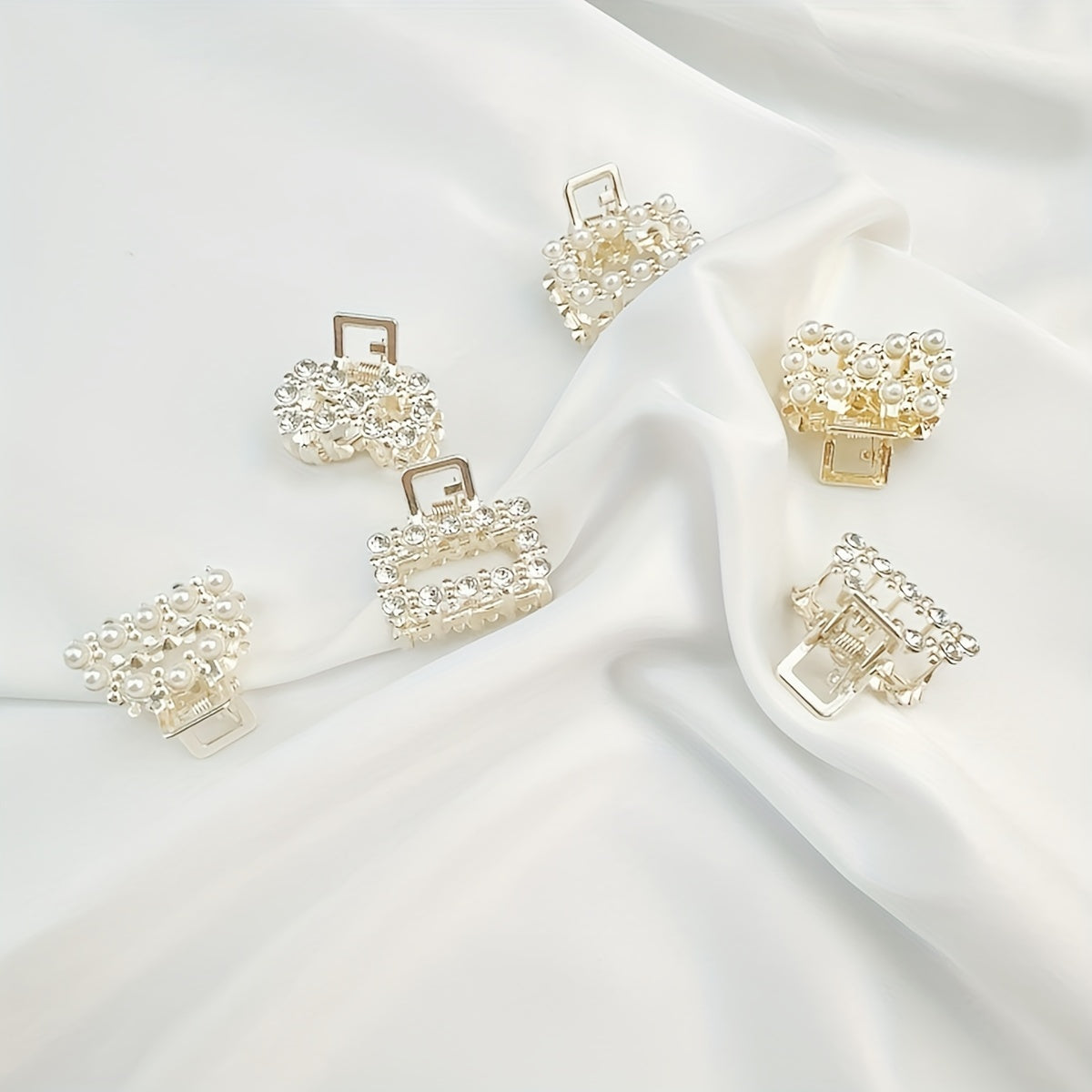 6-Pack Women's Metal Hair Claw Clips with Faux Pearls & Rhinestones, Elegant Boho Set