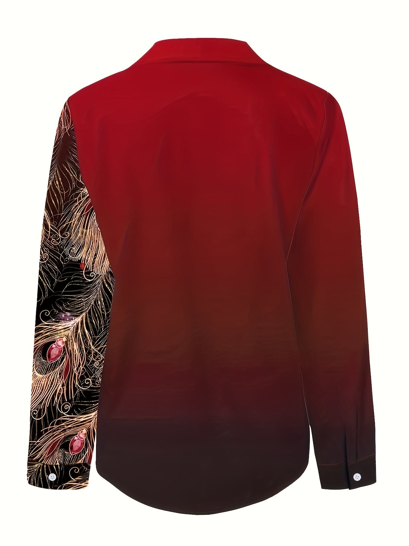 Women's Peacock Print Button-Front Blouse - Turquoise with Gold Buttons, Lapel Collar, All-Season Office & Party Top