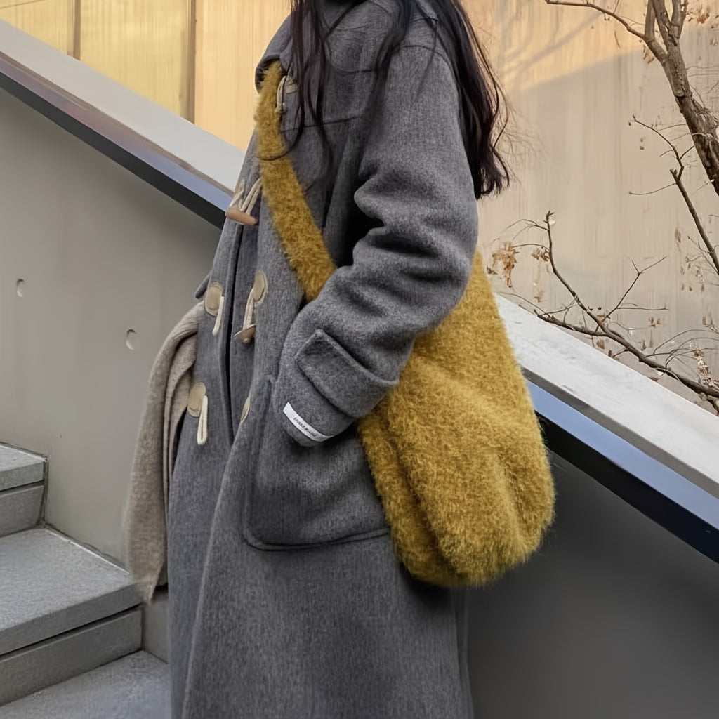 Women's Plush Velvet Crossbody Bucket Bag - Vintage Large-Capacity Soft-Touch Handbag with Fixed Strap & Buckle Closure (Golden Tan/Brown)