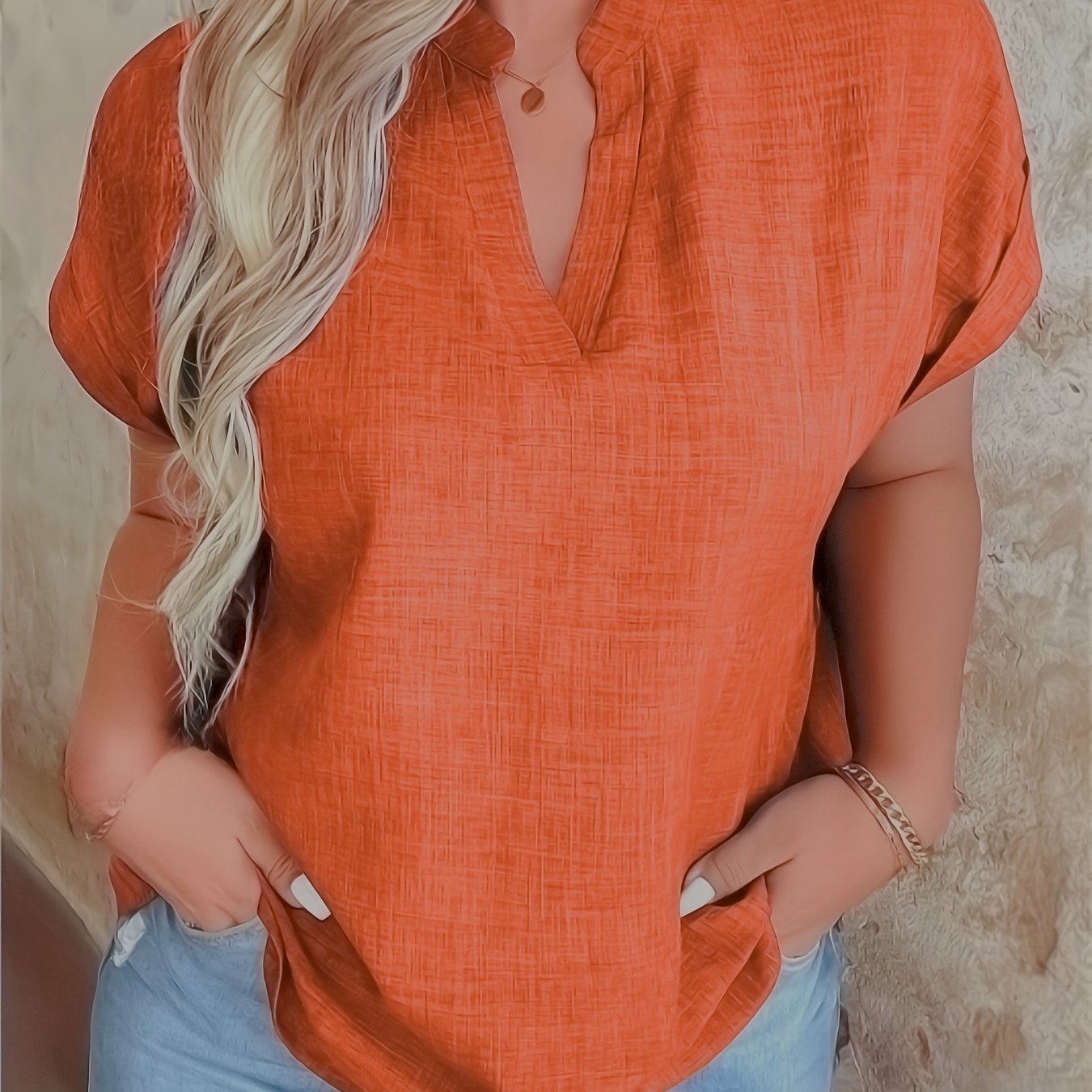 Women's V-Neck Blouse with Stand Collar – Lightweight Yellow Regular Fit Casual Top, 100% Polyester, Machine Washable