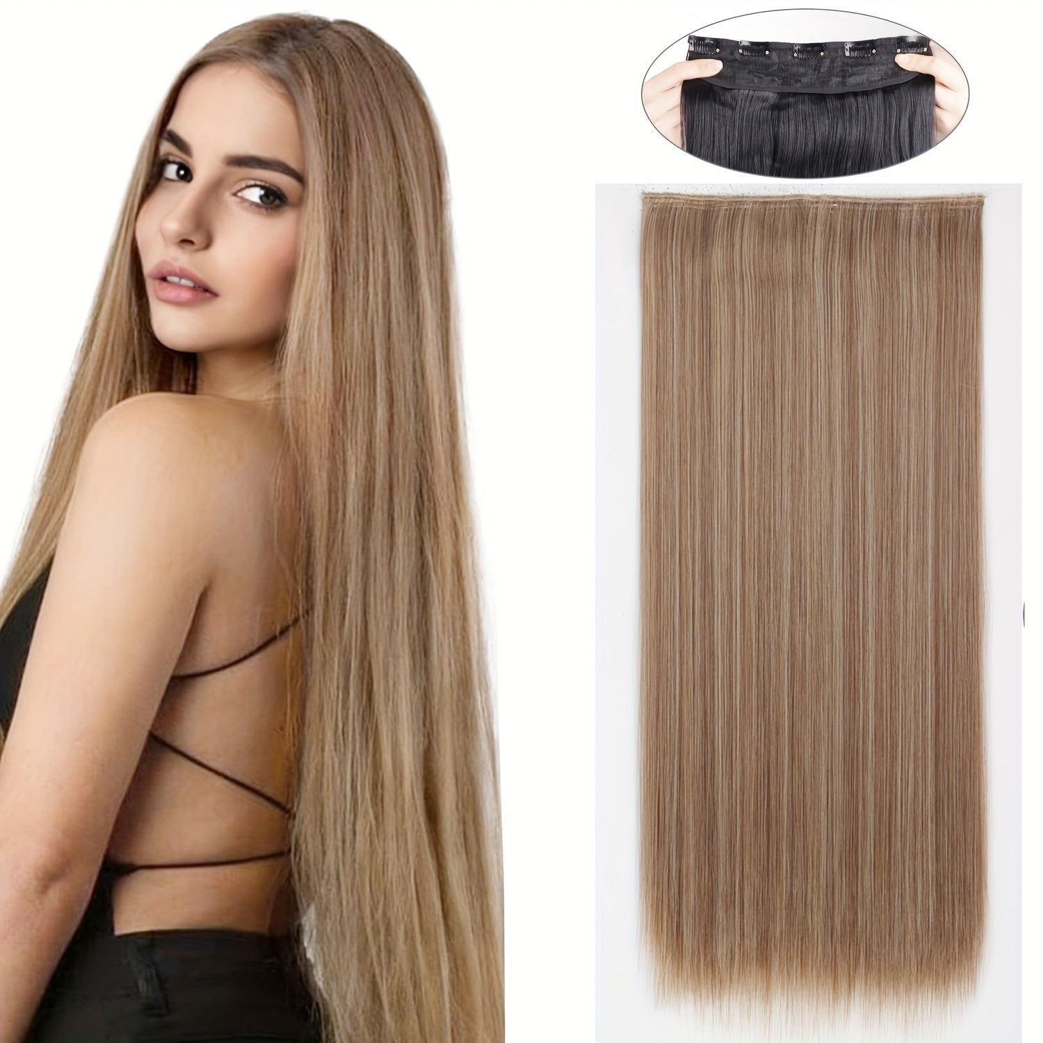 Long Straight Clip-In Hair Extension for Women – One-Piece Synthetic Ponytail Hairpiece, Seamless Natural-Looking Claw Clip