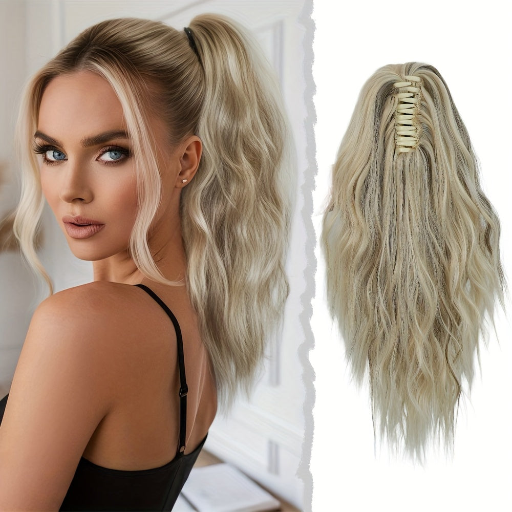 7JHH WIGS Water Wave Clip-In Ponytail Extensions – 18-inch (45 cm) Light Beige & Brown with Blonde Highlights, Natural Brown Roots, Heat-Resistant Synthetic for Volume & Length