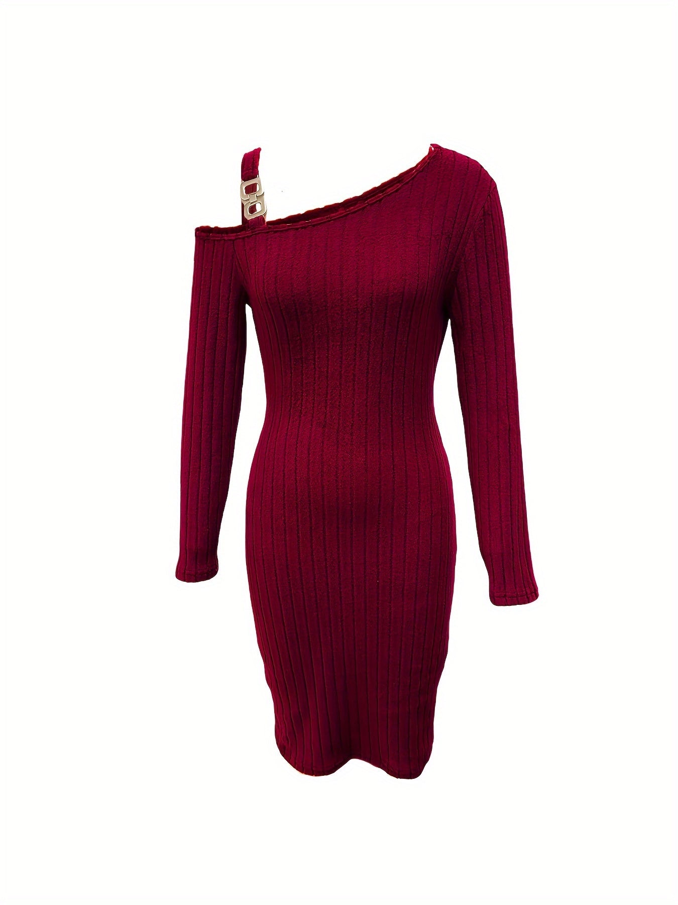 Ribbed Asymmetrical One-Shoulder Bodycon Mini Dress Long Sleeve Party Dress for Women