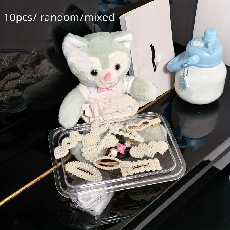 Pearl Bow Hair Clips Set – 10-Pack Korean Style Plastic Bow Barrettes with Duckbill Grips for Women