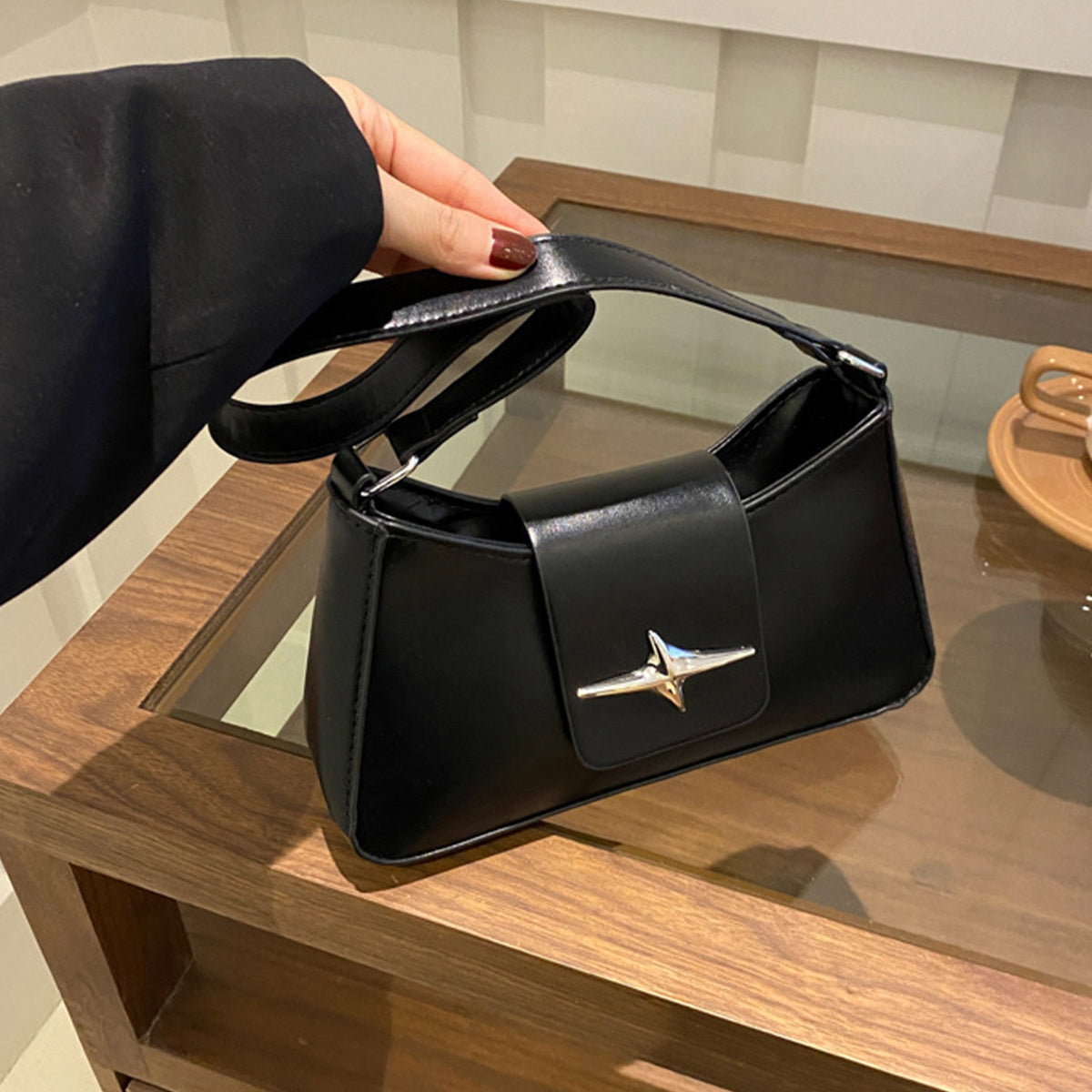 Textured Underarm Baguette Bag for Women – PU Shoulder & Crossbody with Lock Closure, Black (Also White)