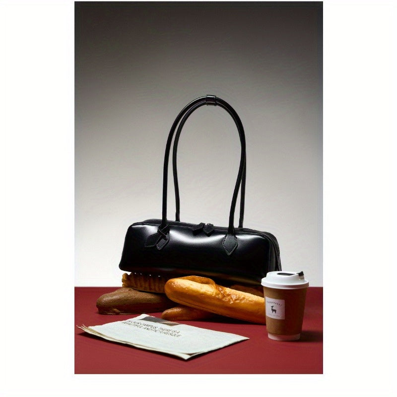 Genuine Leather Baguette Shoulder Bag for Women - Large Capacity Zipper Handbag, Lightweight Everyday Purse
