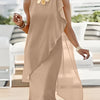 Royal Blue Chiffon Midi Dress with Asymmetrical Hem & Layered Sleeves - Sleeveless Crew Neck Bodycon Dress for Women