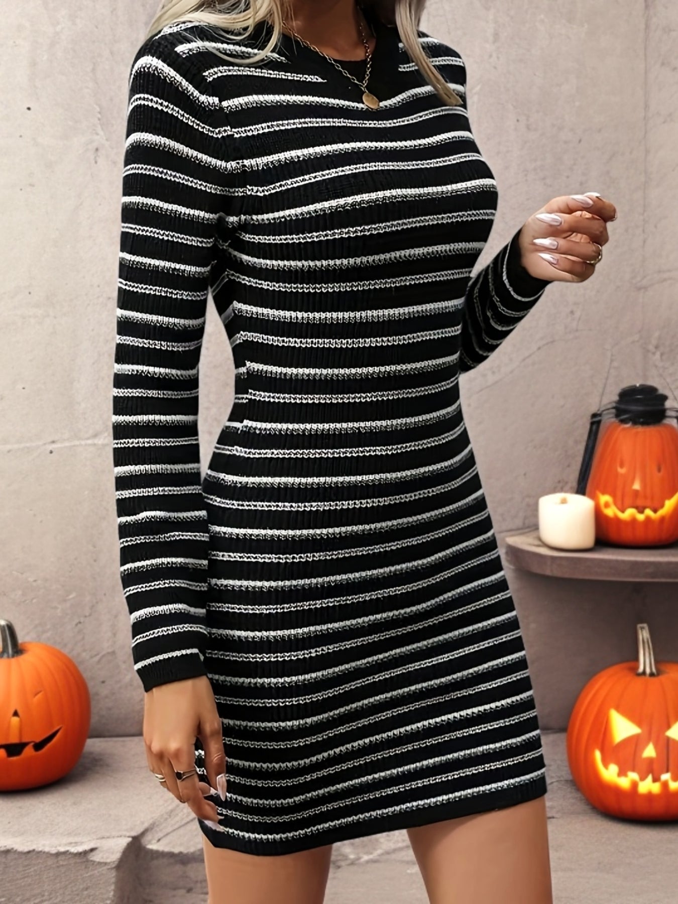 Women's Black & White Horizontal Stripe Sweater Dress – Crew Neck Machine-Washable Pullover for Office to Party