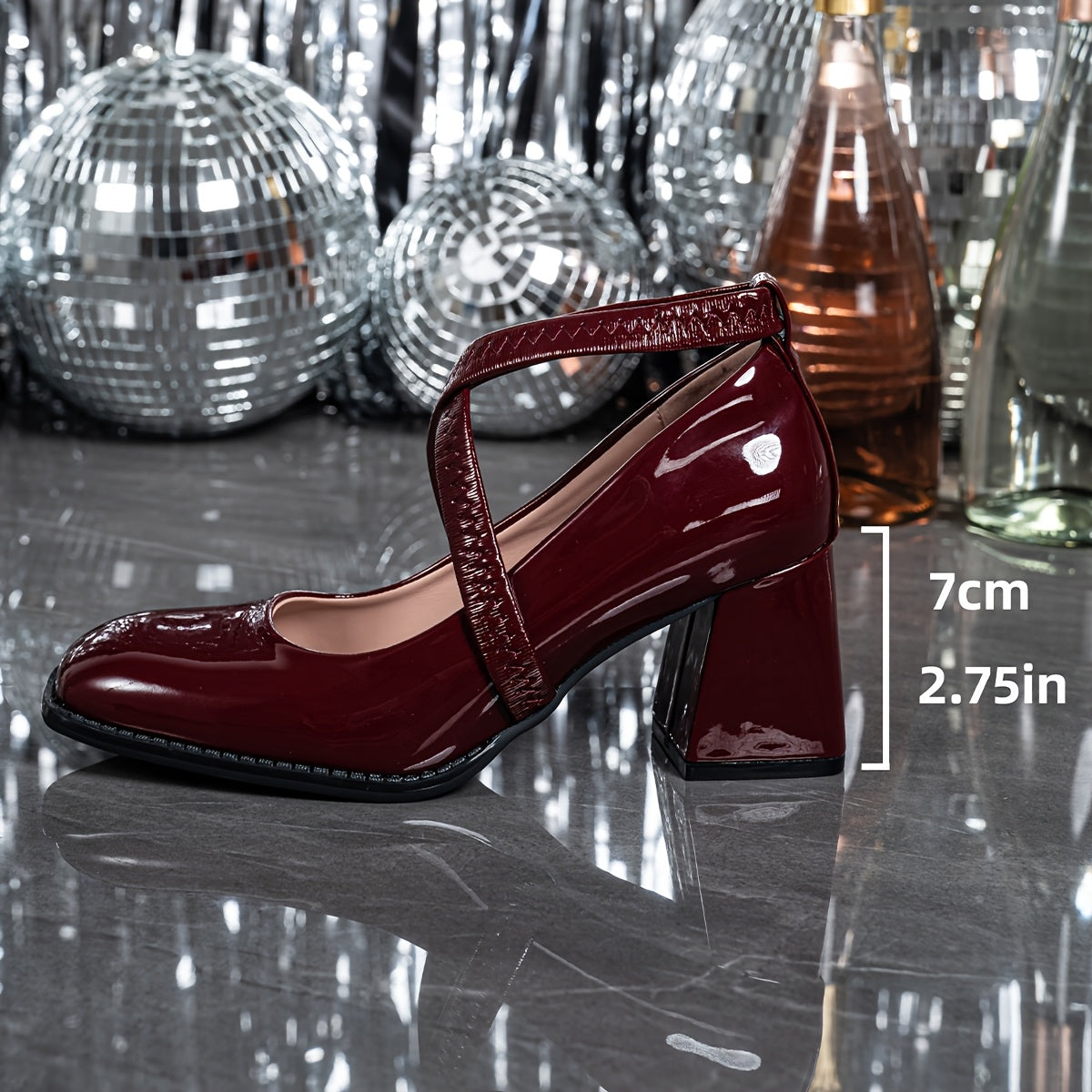 Women's Red Block Heel Pumps - Square Toe, Elastic Band, Glossy Anti-Slip Sole