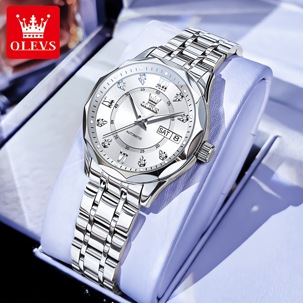 OLEVS Women's Automatic Mechanical Watch - Stainless Steel Dual Calendar Luminous Rectangular Case