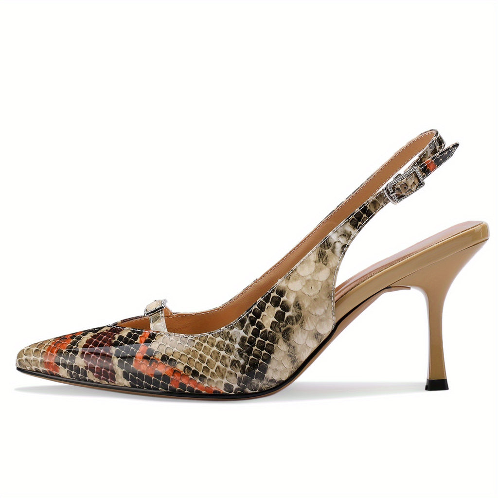 Snake Print Women's Strappy Stiletto Sandals - Pointed Toe Dress Heels, 3 in (7.6 cm)