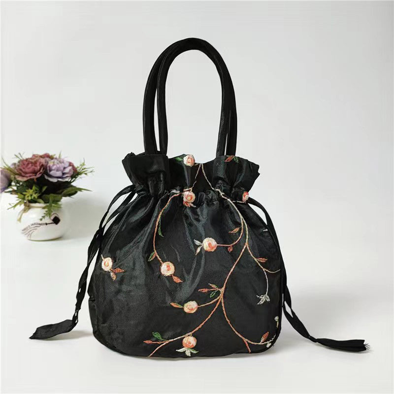 Elegant Floral Embroidered Drawstring Clutch – Cute Bucket Purse with Polyester Lining for Coins & Phone (Multiple Colors)