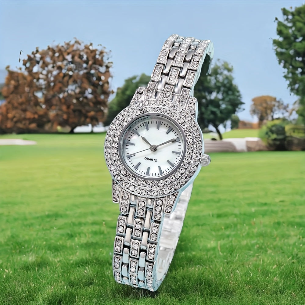 Elegant Women's Rhinestone-Embellished Alloy Watch with Star Charm Bracelet – Round Mechanical Fashion Watch