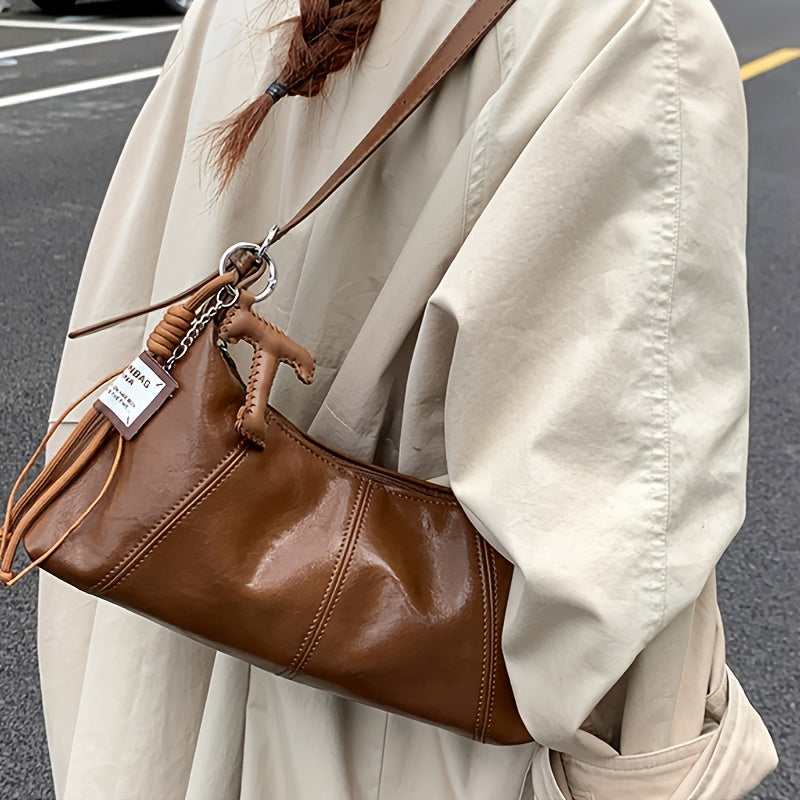 Women’s Vintage Baguette Crossbody Bag - Dark Brown, Adjustable Strap & Zipper Closure Handbag for Work & Parties