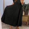 Women's Pleated A-Line Maxi Dress — Navy Blue Short Sleeve Crew Neck Loose Fit, Vacation & Seasonal Wear