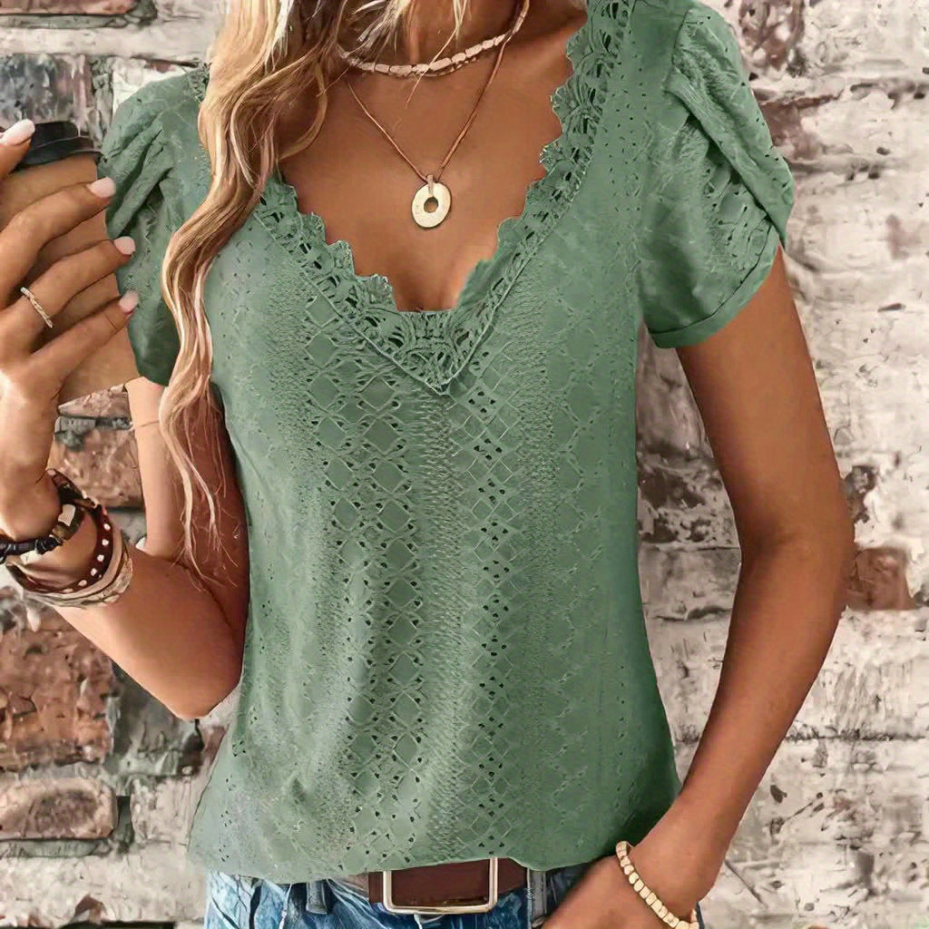 Elegant Women's Lace V-Neck Top — Petal Short Sleeves, Lightweight Summer Blouse