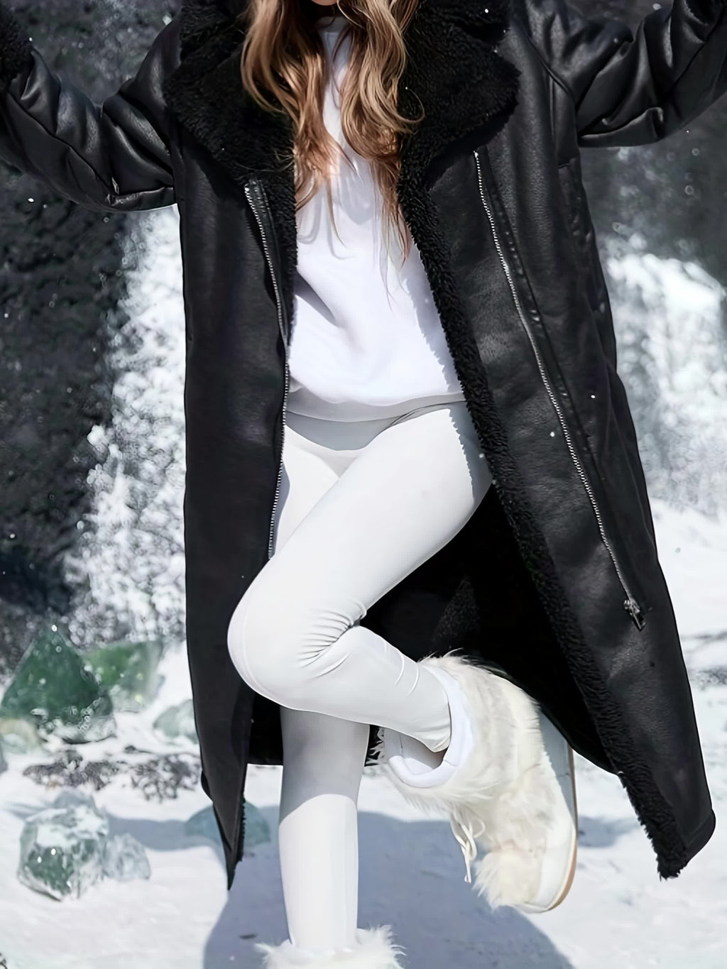 AFTF BASIC Women's Mid-Length Plush-Lined Jacket with Fur-Trim Collar and Asymmetrical Hem, Machine Washable All-Season Black Coat