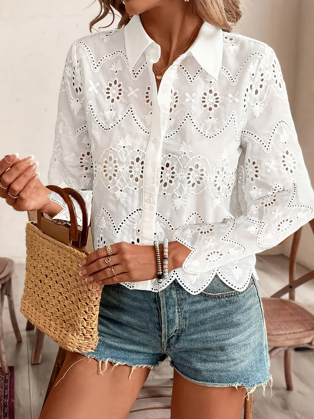 White Lace-Trim Floral Button-Up Blouse for Women – 100% Polyester, Semi-Sheer Lapel Collar, Casual Chic