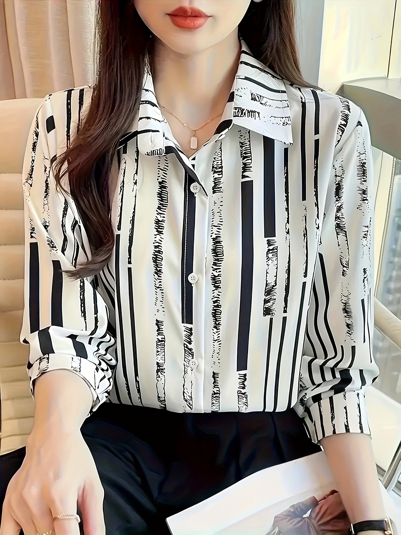 Women's Black & White Vertical Striped Button-Up Shirt — Lightweight Polyester Long Sleeve Collared Top